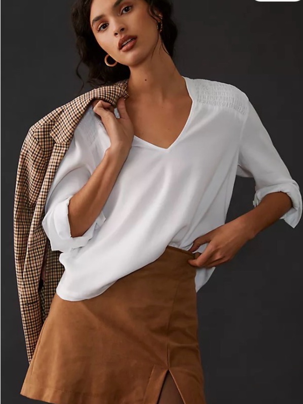 Anthropologie White V-Neck Smocked Shoulder Blouse - Women Tops-XXS